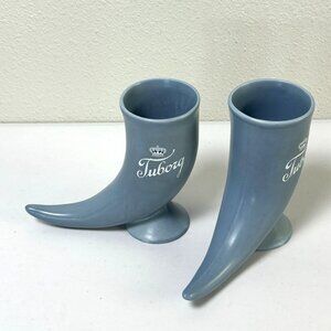 Tuborg Horn Shape Beer Drinking Mug Blue Ceramic Set of 2 Brewery Danish Vintage